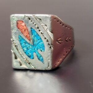 Vintage Mens Ring Native American Sterling Silver Thunderbird Turquoise Coral Ch